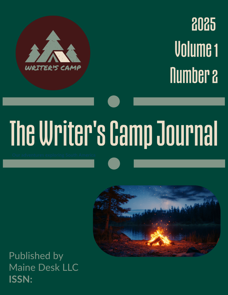 Cover page of The Writer's Camp Journal Volume 1 Number 2 featuring a logo with a tent and trees, and an image of a campfire by a lake at night.