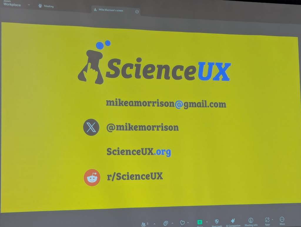 A presentation slide featuring a bright yellow background with the logo 'ScienceUX', contact information for Mike Morrison, including his email, social media handle, website, and Reddit link.