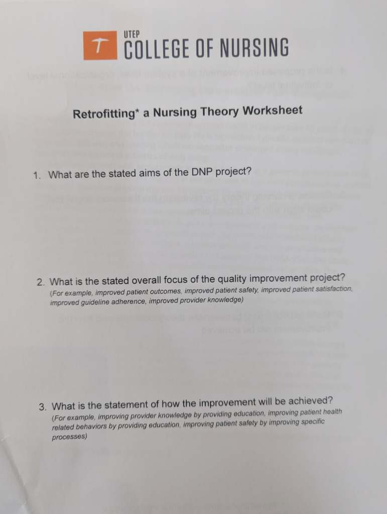 A worksheet titled 'Retrofitting a Nursing Theory Worksheet' from the UTEP College of Nursing, featuring questions related to DNP project aims, quality improvement focus, and how improvements will be achieved.