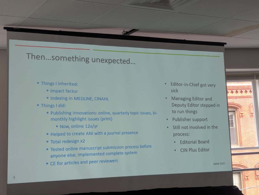 Presentation slide titled 'Then...something unexpected...' detailing the inherited responsibilities and accomplishments of the speaker, including points on indexing, publishing innovations, and editorial support during an unexpected illness.