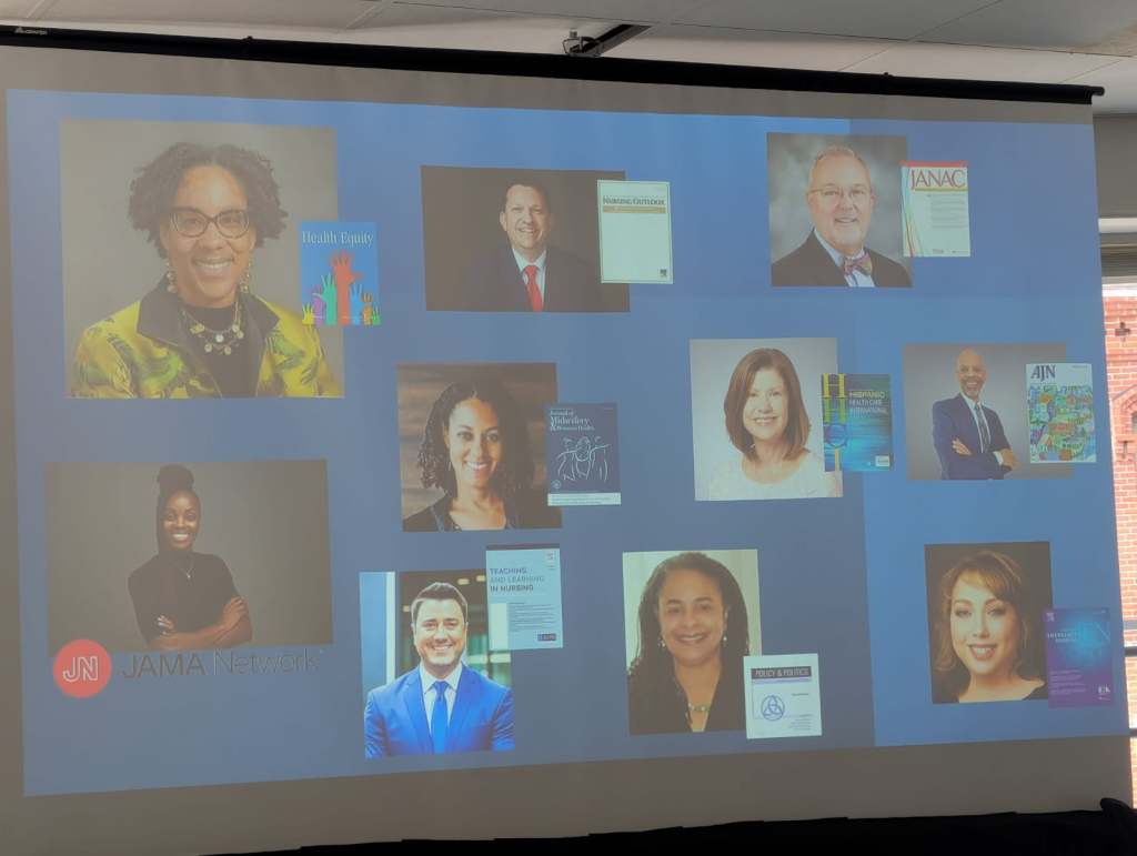 Collage of headshots of various speakers and authors in nursing, with publications and journals related to health equity displayed in the background.