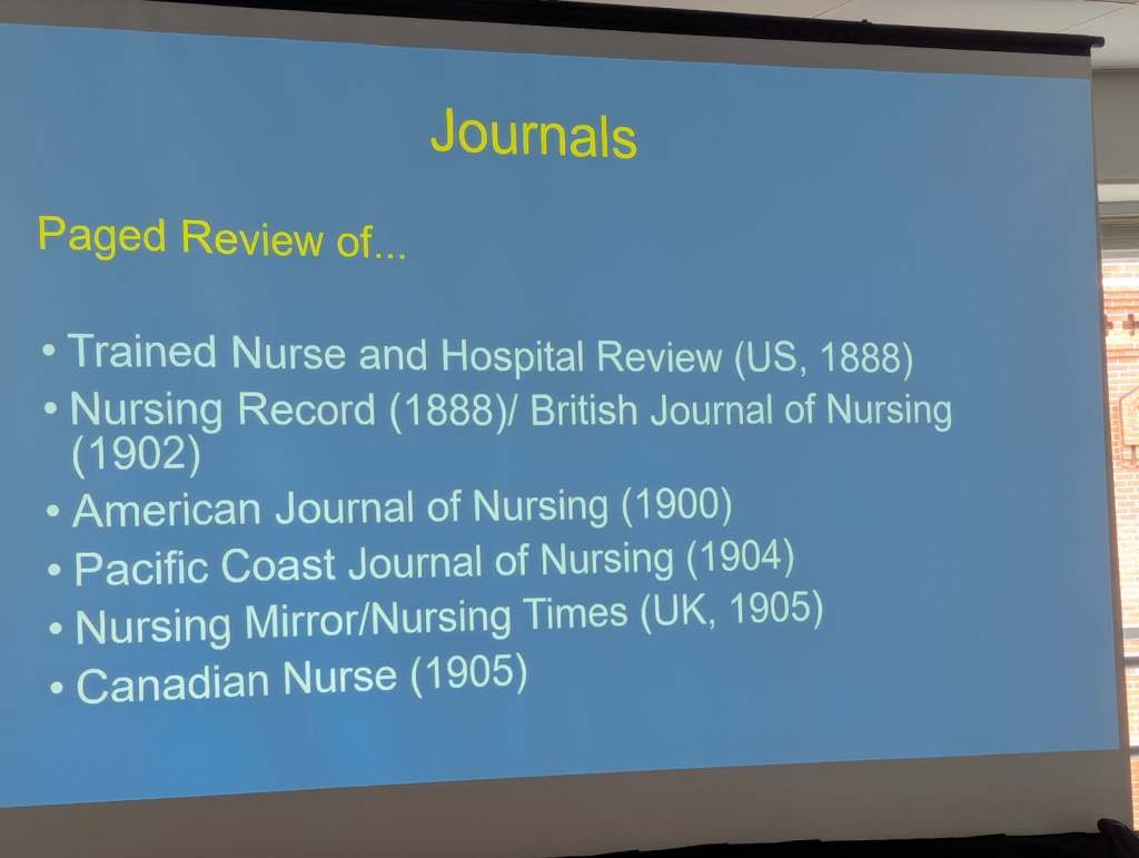 Presentation slide listing various nursing journals with publication years, including 'Trained Nurse and Hospital Review (US, 1888)', 'Nursing Record/British Journal of Nursing (1902)', 'American Journal of Nursing (1900)', 'Pacific Coast Journal of Nursing (1904)', 'Nursing Mirror/Nursing Times (UK, 1905)', and 'Canadian Nurse (1905)'.