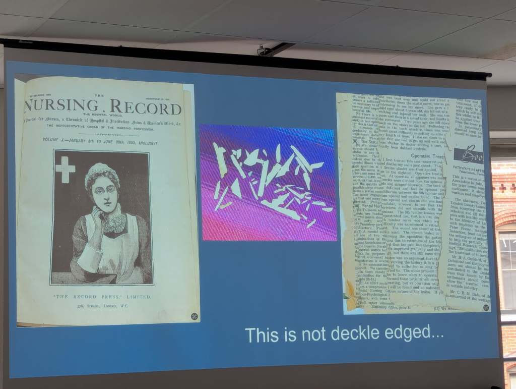 An old nursing journal titled 'The Nursing Record' featuring an illustration of a nurse. Next to it, a colorful background with scattered small objects. On the right, a faded article page discussing nursing topics.
