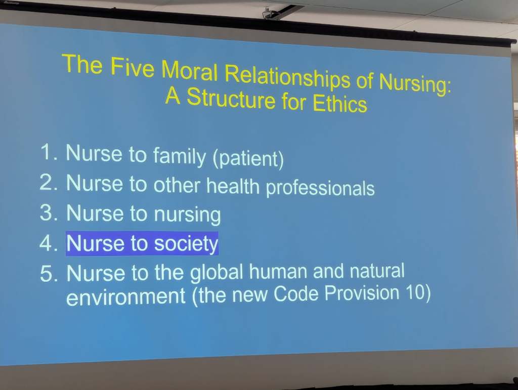 Slide displaying the Five Moral Relationships of Nursing as a structure for ethics, including relationships to family, other health professionals, nursing, society, and the global environment.