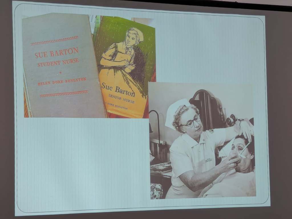 An image showing two 'Sue Barton' nursing books, 'Sue Barton Student Nurse' and 'Sue Barton Senior Nurse,' alongside a historical photograph of a nurse assisting a patient.