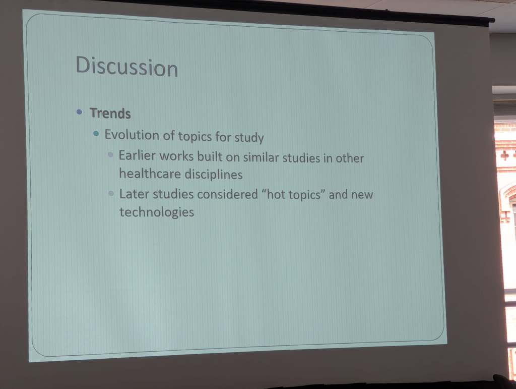Slide featuring a discussion on trends in healthcare studies, highlighting the evolution of topics and the relationship between earlier works and new technologies.
