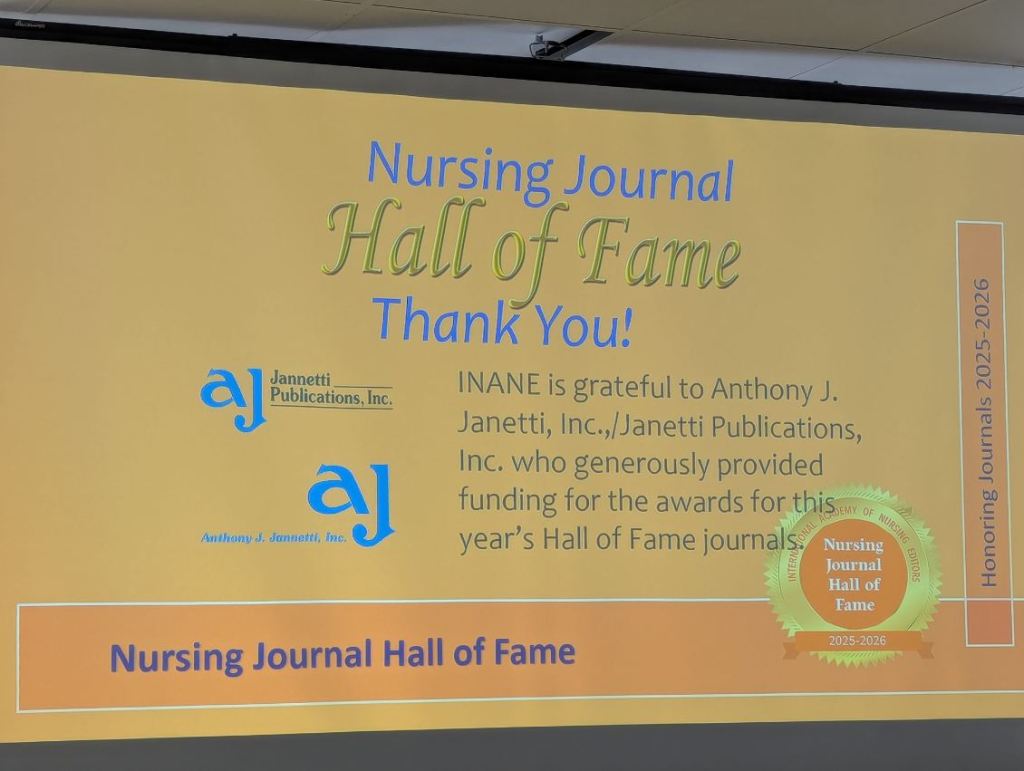 Presentation slide for the Nursing Journal Hall of Fame Ceremony, featuring text of gratitude to sponsors and details about the event.