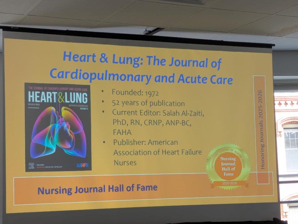 Presentation slide about 'Heart & Lung: The Journal of Cardiopulmonary and Acute Care' detailing its founding year, current editor, and publisher, displayed at the Nursing Journal Hall of Fame Ceremony.
