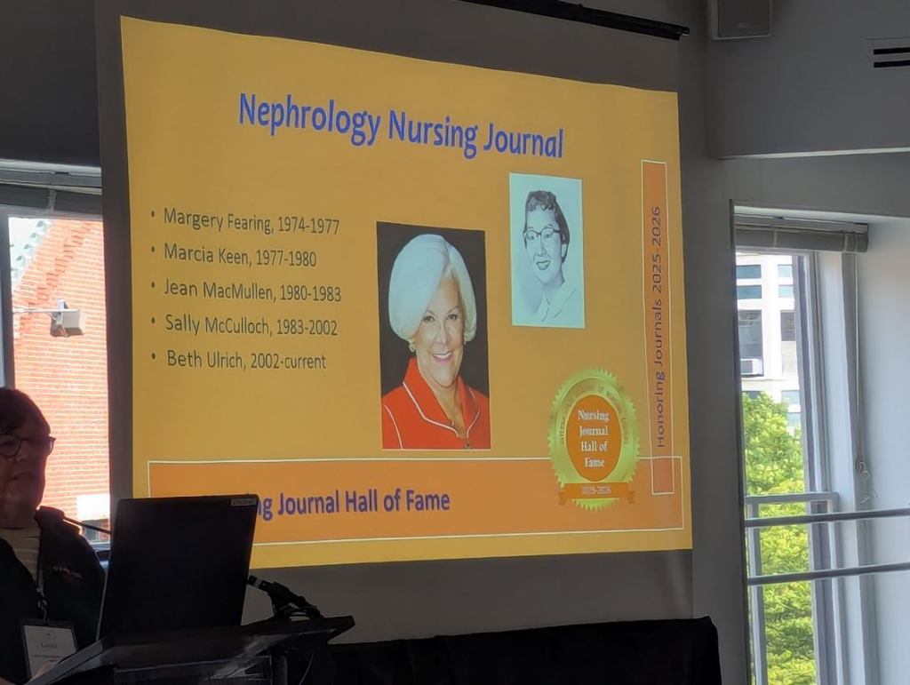 Presentation slide displaying 'Nephrology Nursing Journal' with names and years of contributions by five individuals, alongside photos of two contributors.