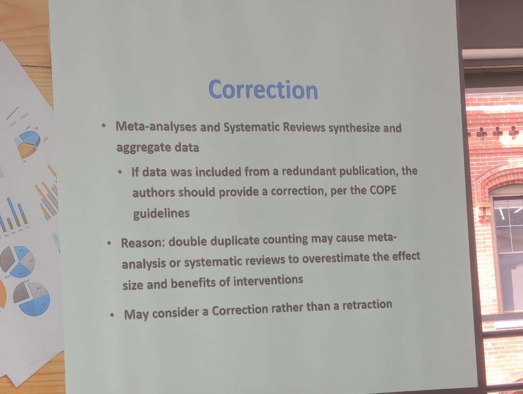 Slide showing information about 'Correction' in research publications, discussing meta-analyses, systematic reviews, and the importance of adhering to COPE guidelines.