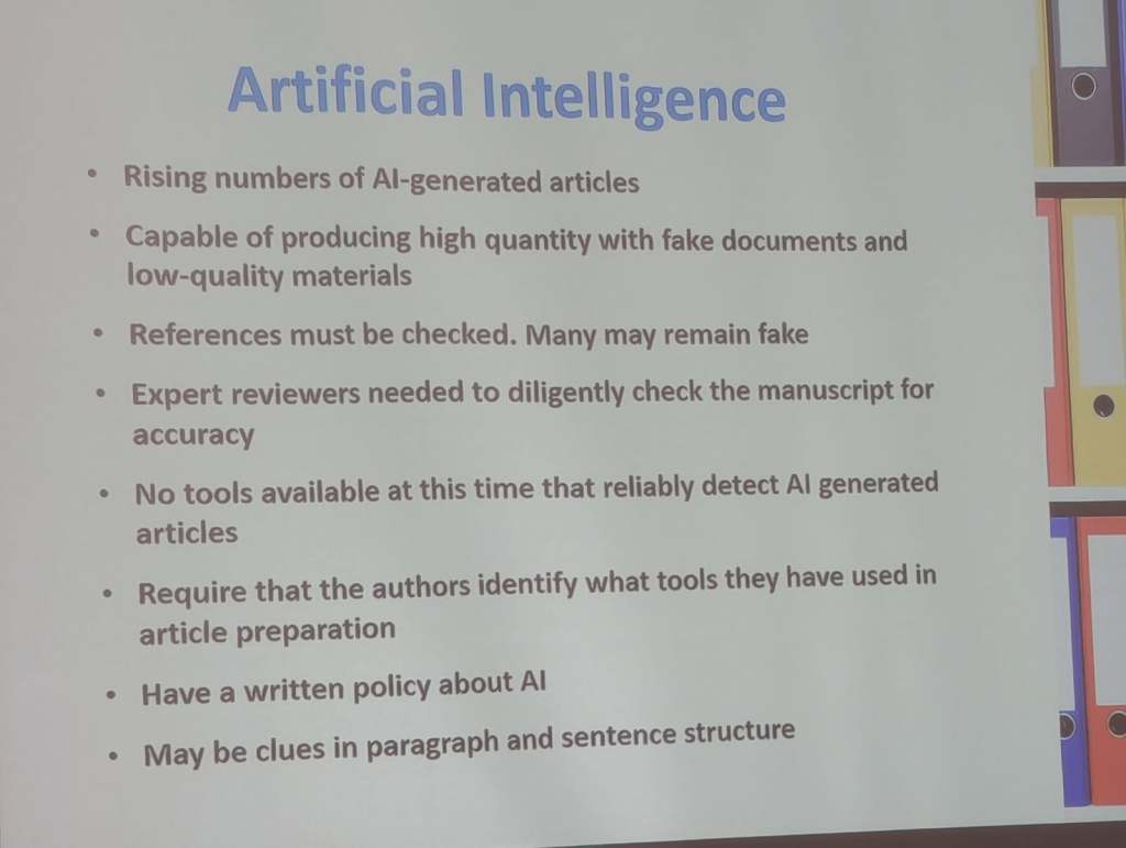 Slide discussing challenges of AI in scholarly publishing, highlighting the rise of AI-generated articles, the need for thorough reference checks, and the requirement for authors to disclose tools used in article preparation.