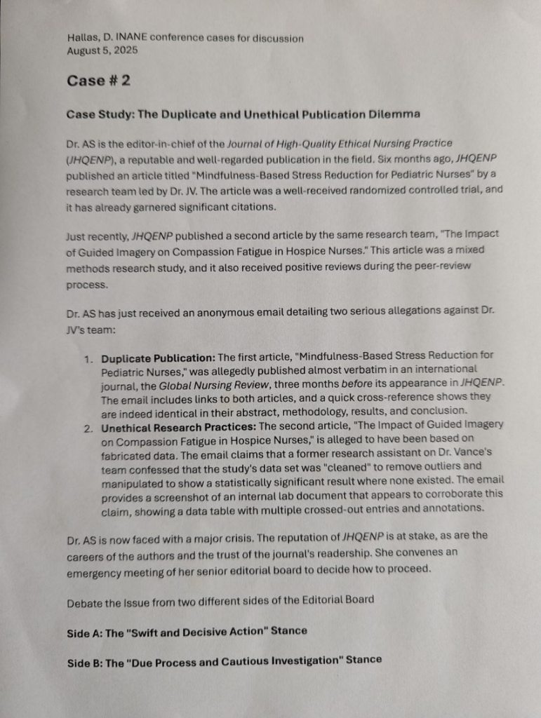 Document detailing a case study about duplicate publication and unethical research practices in nursing. It describes allegations against a research team and includes points for debate regarding editorial decisions.