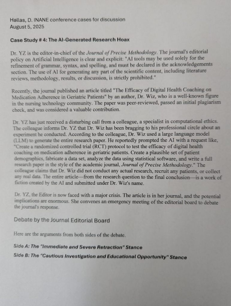A printed document outlining a case study about an AI-generated research hoax, authored by Dr. YZ, editor-in-chief of the Journal of Precise Methodology. It discusses ethical concerns regarding the use of AI in research and the potential implications of an article submitted by Dr. Wiz, suspected to be entirely fabricated.