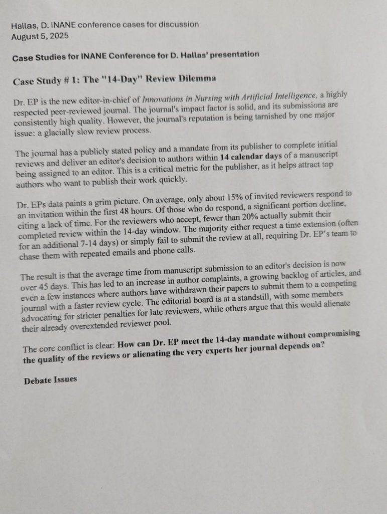 A printed document discussing case study #1, titled 'The 14-Day Review Dilemma,' highlighting the challenges faced by the new editor-in-chief of a nursing journal regarding timely manuscript reviews and author satisfaction.