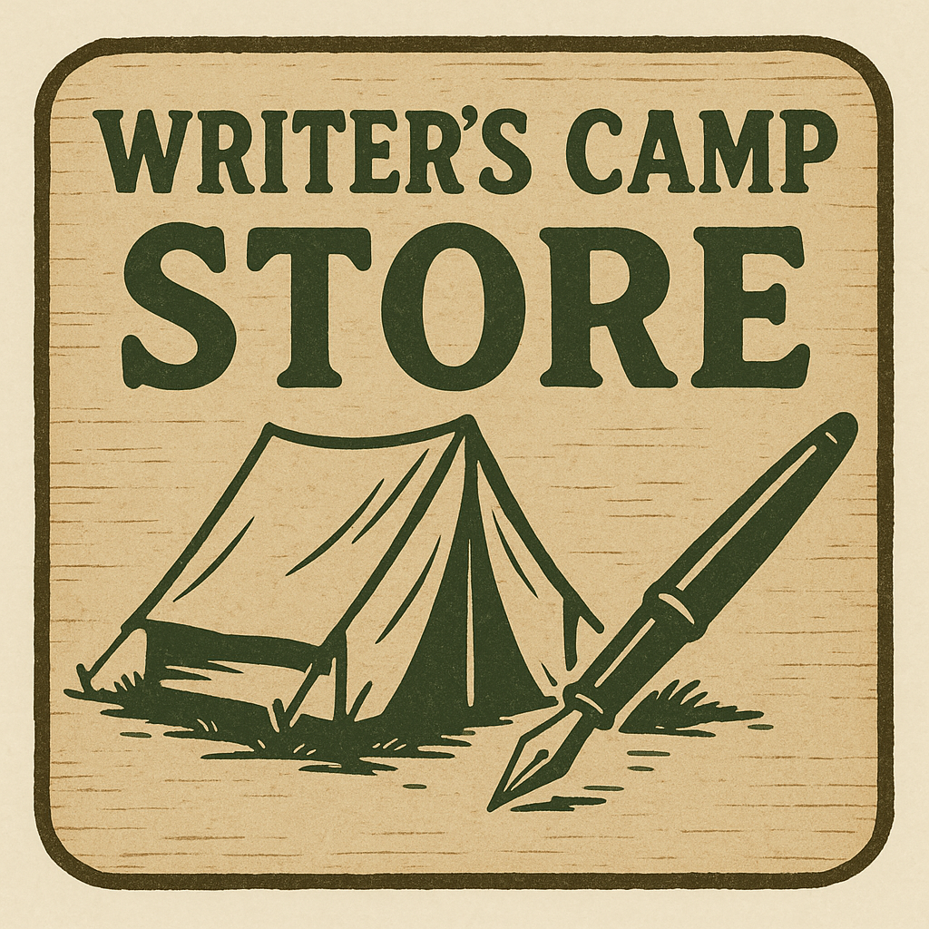 Illustration of a badge for the Writer's Camp Store featuring a camping tent and a fountain pen.