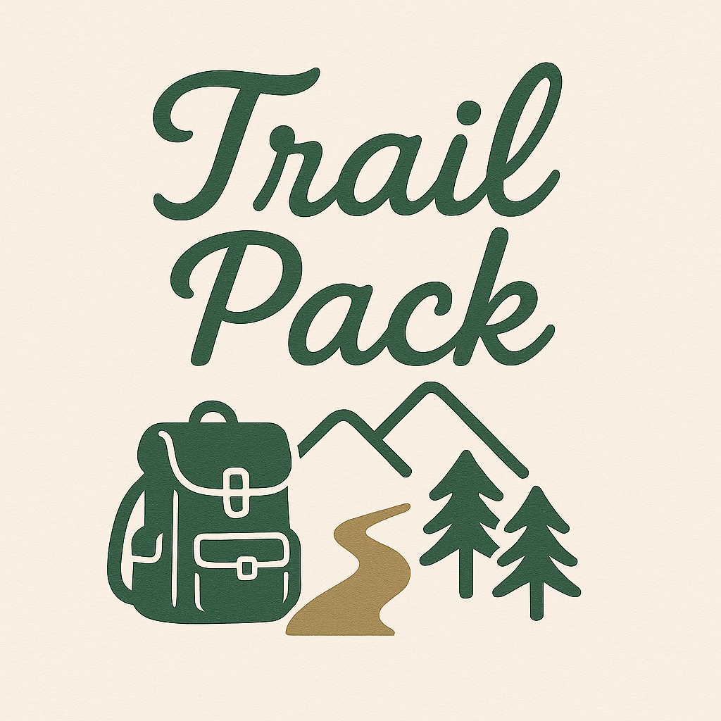 Illustration of the phrase 'Trail Pack' featuring a backpack, mountains, trees, and a winding path.