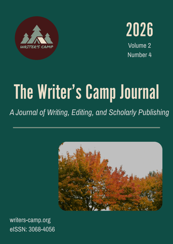 Cover of The Writer's Camp Journal featuring the title, volume, and publication details, with an image of autumn trees in the background.