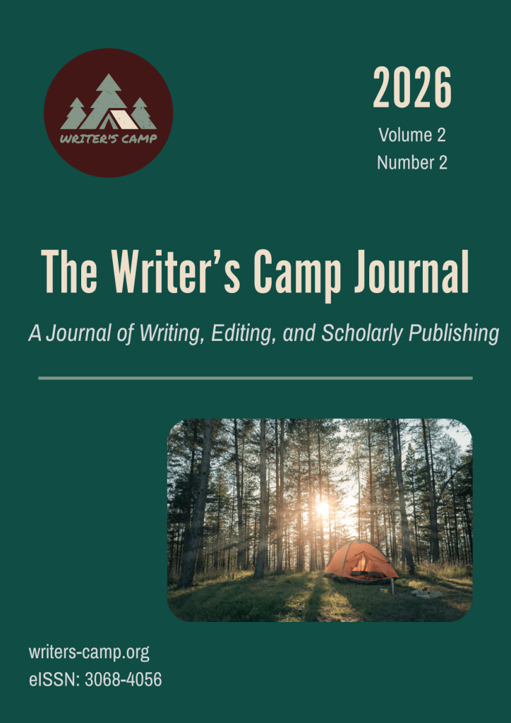 Cover of The Writer's Camp Journal, featuring the title, volume, and issue details, with an image of a tent in a forest during sunset.