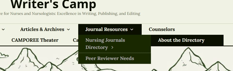 Website navigation menu for Writer's Camp featuring sections for Articles & Archives, Journal Resources, Counselors, and specific links for Nursing Journals Directory and Peer Reviewer Needs.